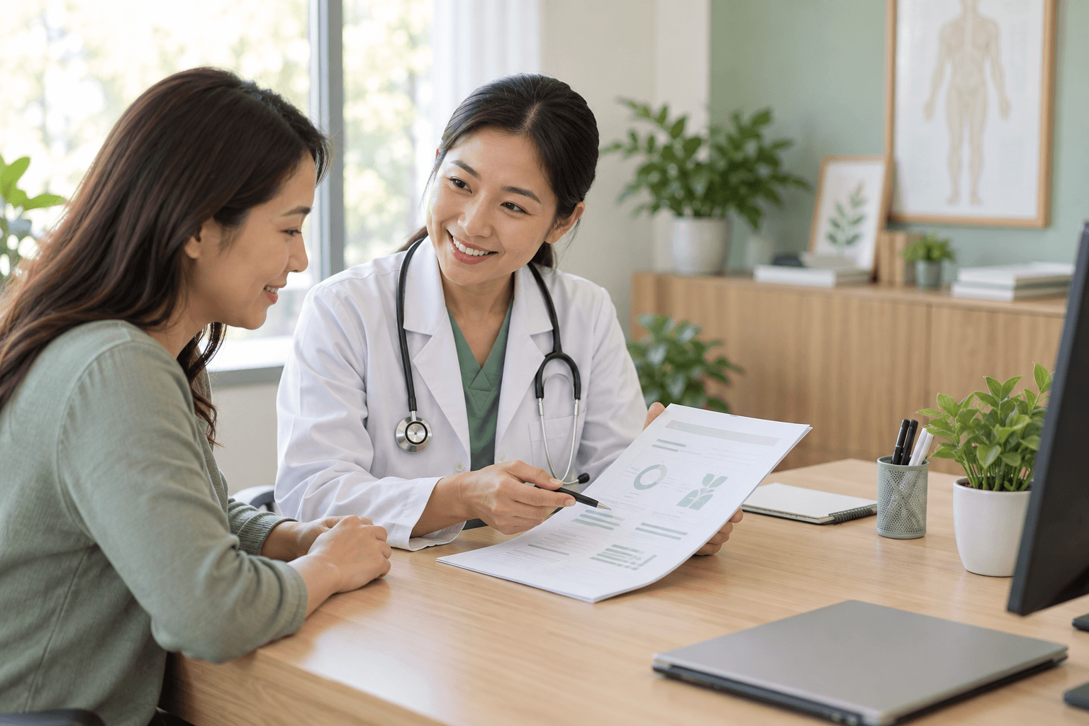 Bác sĩ giải thích báo cáo sức khỏe cho khách hàng