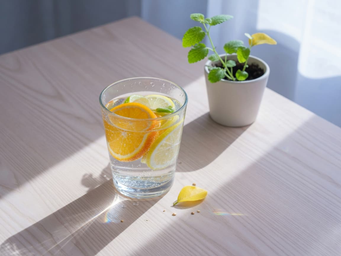 Ly nước với lát cam trên bàn gỗ